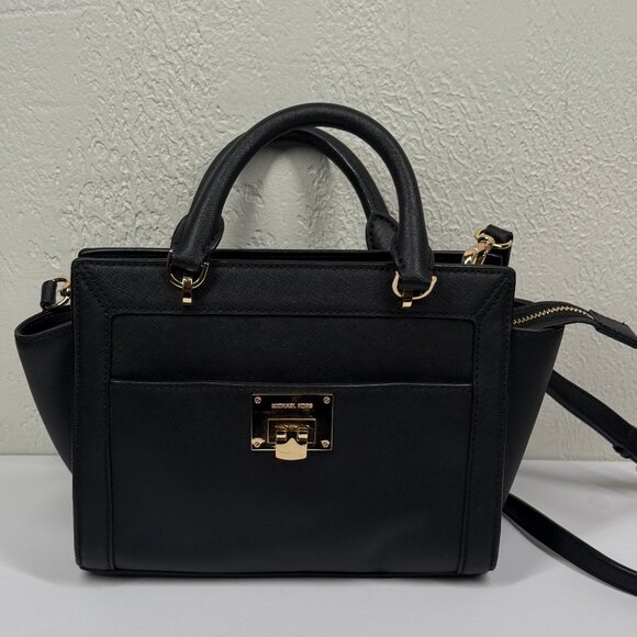 Michael Kors Tina Satchel Black Leather Gold Hardware Medium Bag - Picture 1 of 13